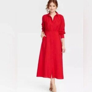 A New Day Red Button Front Long Sleeve Crepe Shirt Midi Dress NWT 2X